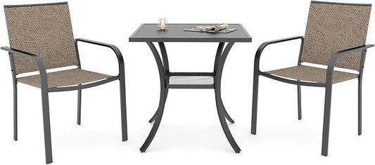 Anmutig Small Metal Square Patio Dining Set with Outdoor 27.5 Inch Table and 2 Stackable Beige Chairs - 3 Piece