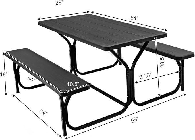 MEDIMALL Picnic Table, Portable Bench Set with Plastic Top & Metal Frame, All-Weather Large Camping Table for Outdoors, Backyard, Garden (Black)