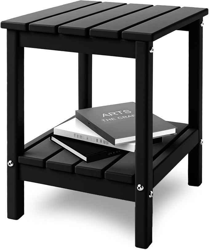 IVY&LANE Adirondack Outdoor Side Table | HDPE Plastic | Patio End Tables with Storage | 2-Shelf | Weather Resistant | Black | 14 x 13 Inches | for Outside Porch Deck Backyard Indoor