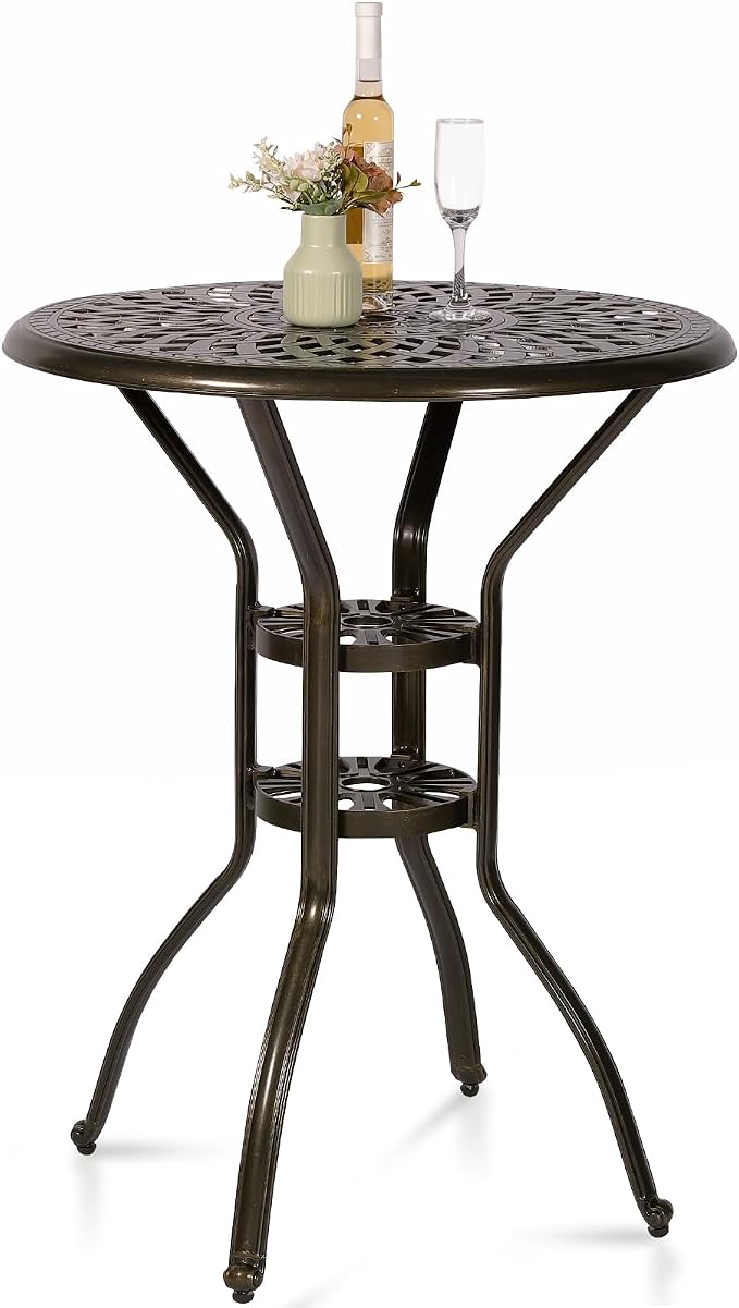 Cast Aluminum Patio Bar Table, 31" Outdoor Bar Height Bistro Table with 2" Umbrella Hole, Patio Bistro Round High Top Dining Table Pub Table for Porch Balcony Backyard, Dark Bronze