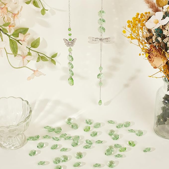 1 Box 120Pcs 14mm Crystal Glass Octagon Beads 2 Hole Prism Bead Bulk Pale Green Chandelier Replacement Connector Suncatcher Faceted Spacers for DIY Lamps Hanging Ornament Pendant Jewelry