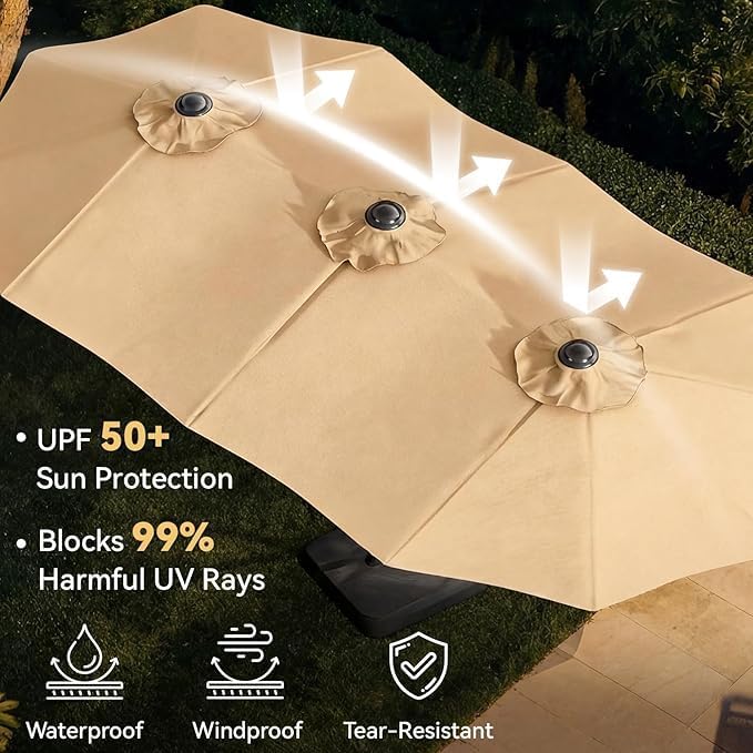 Aoxun 8-Piece Patio Table and Chairs Set & 15ft Patio Umbrella for 6, All Weather Outdoor Dining Set with 6 Textilene Chairs and 1 Rectangular Metal Table for Backyard, Garden, Brown/Beige