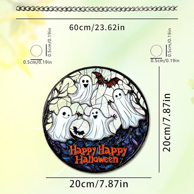 Acrylic Halloween Sun Catcher - 7.87 Inch Ghosts Round Suncatcher for Window Hanging Decoration - Creates Indoor Rainbows Light Refraction - Spooky Ghost, Witch, Pumpkin Design