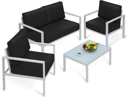 Athena Collection Patio Bistro Set Table and Chairs Set of 4, Outdoor Furniture Set Heavy Duty Conversation Sets Metal Loveseat with Upholstered Seat and Cushions, Black
