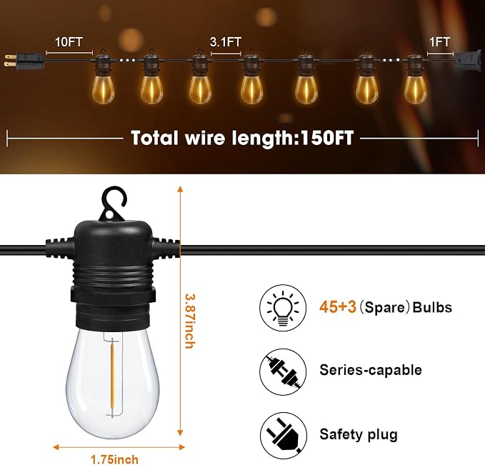 GvvooHome S14 LED Outdoor String Lights 150FT Patio Lights Outdoor Waterproof with 45+3 Shatterproof LED Bulbs, Hanging Backyard Lights for Outside Deck Patio Garden Balcony Decorations