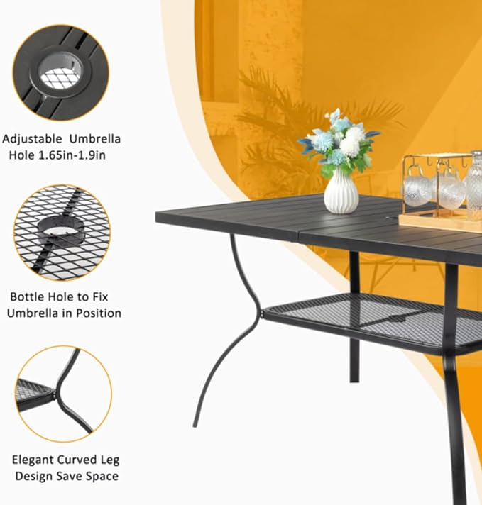Dulce Domi Rectangle Patio Table, 66"x38" Outdoor Dining Table W/ 1.5" Umbrella Hole, Outdoor Table for Family Party, Metal Dining Table for Backyard Max Weight 160Lbs