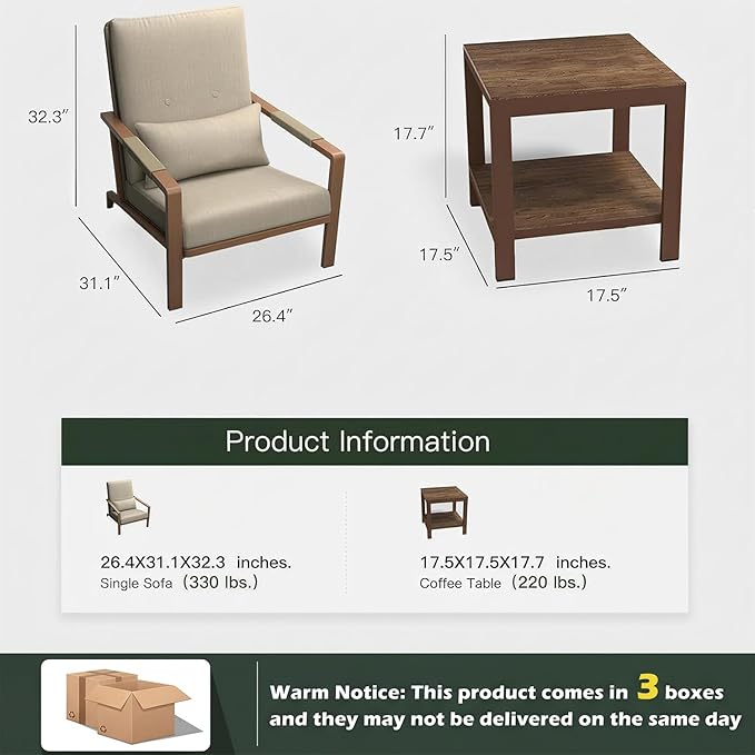 Aluminum Outdoor Patio Furniture-Armchair with Table,Beige | Rustproof,High Weight Capacity,Water-Repellent,Washable Cover,All-Weather Resistant,Easy Clean,for Poolside Backyard Deck