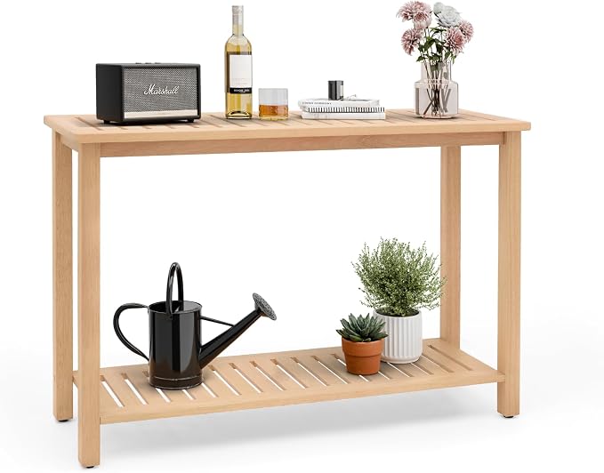 Premium 2-Tier Wooden Console Table with Storage Shelf Solid Eucalyptus Wood 48.03"x 16.14"x 31.1" Entryway Sofa Table for Hallway, Living Room (Natural)