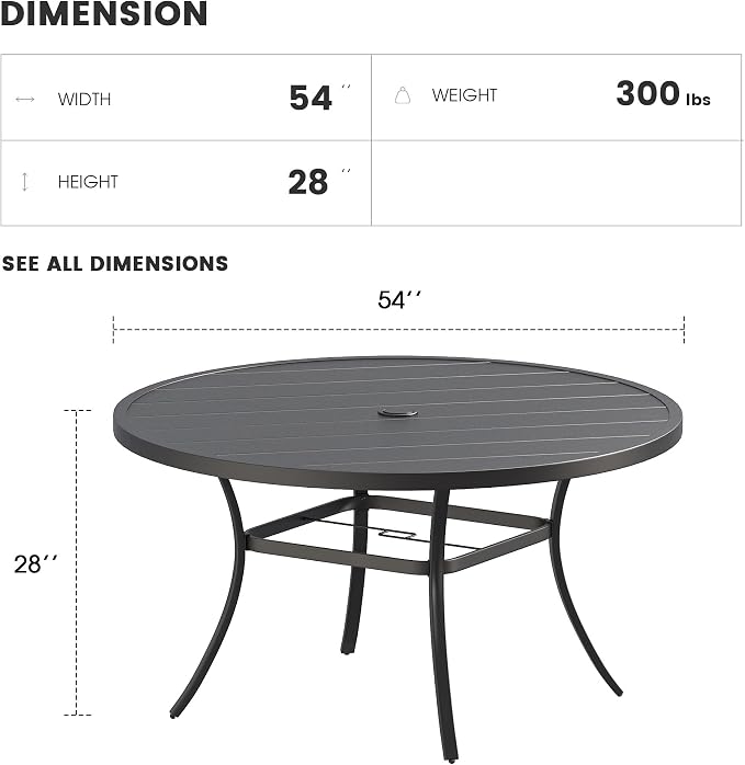 Patio Dining Table for 6-8, Round Metal Outdoor Table with 1.57" Umbrella Hole, 53" Outdoor Slat Tabletop Dining Table for Backyard, Porch, Lawn, Black