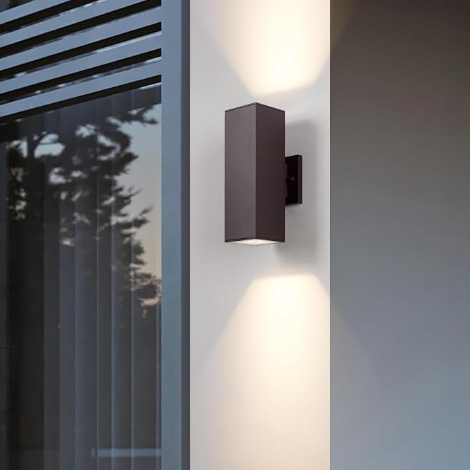 mirrea 12" Modern Outdoor Porch Light, 2 Lights, Oil Rubbed Bronze, 2 Pack | Patio wall sconce, aluminum rectangular tube, tempered glass, waterproof. Up & down lighting for outdoor wall mount fixture.