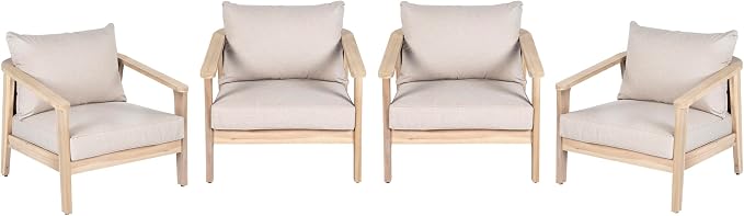 Merax 4 Piece Outdoor Acacia Wood and Wicker Club Chair, Light White Finish with Beige Cushion, Patio Garden Armchair