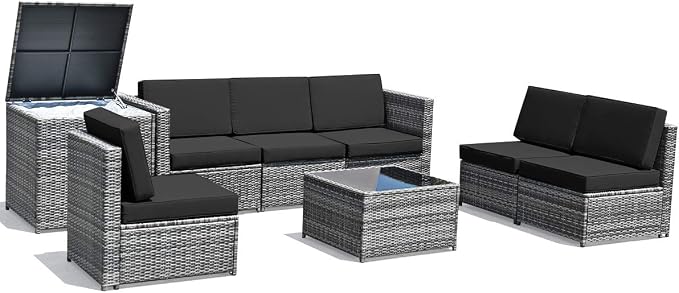 RELAX4LIFE 8-Piece Patio Furniture Set - PE Wicker Conversation Set w/Soft Cushions & Tempered Glass Storage Table, Outdoor Sectional Sofa Set for Garden, Poolside, Backyard (Black)