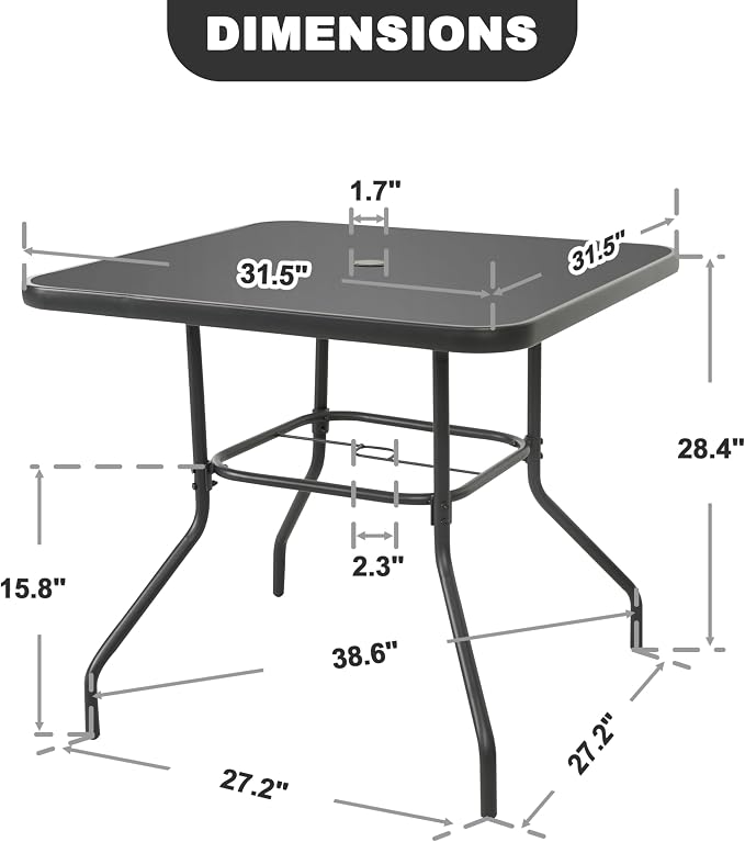 NUU GARDEN 31.5'' Square Outdoor Table, Patio Table with Umbrella Hole, Patio Dining Table with Tempered Glass, Outdoor Dining Tables, Square Patio Table for Balcony, Backyard, Poolside,Black