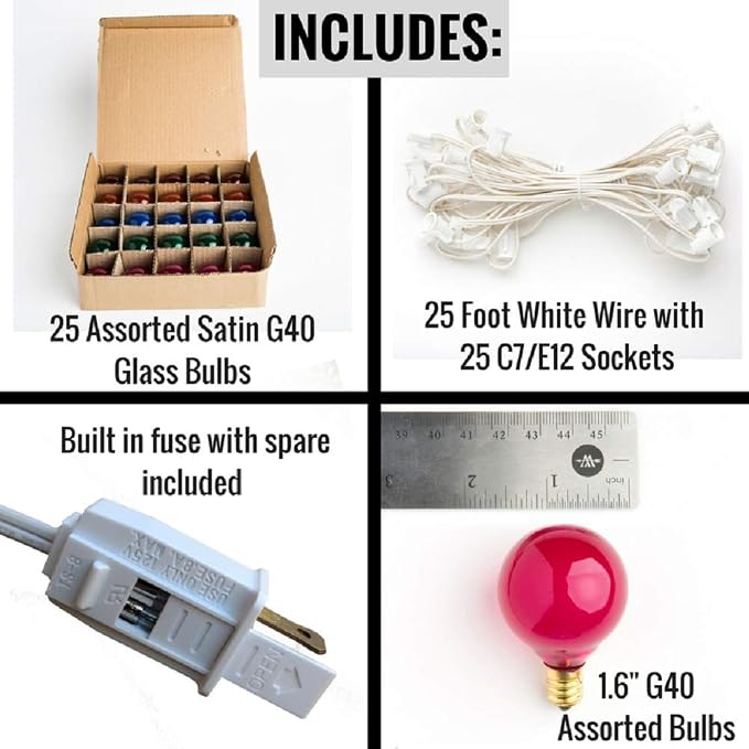 G40 Assorted Satin Pearl Colored String Lights (25 Foot – White Wire) | G40 Assorted 1.6" Bulbs, Outdoor Globe Patio String Lights