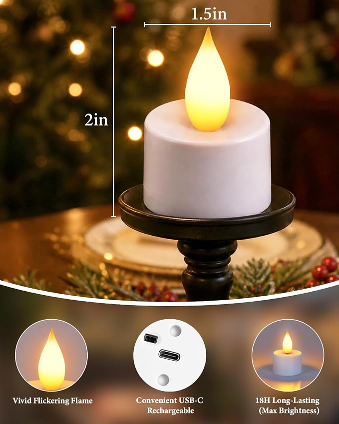 TOWPONICS 12 Packs Rechargeable Tea Lights with Remote& Charging Base | Long Lasting Flameless Candles, Ideal Decor for Home, Wedding, Christmas, Halloween, Party Ambient Lighting