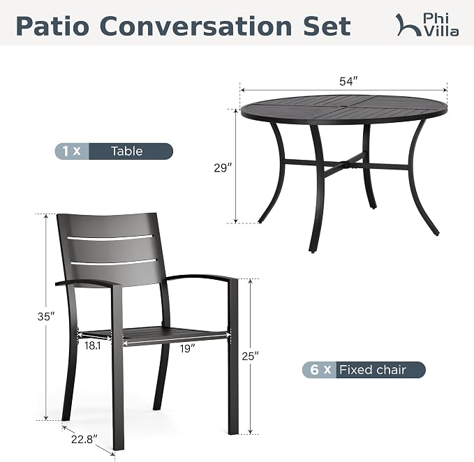 PHI VILLA 7 Pcs Outdoor Dining Set for 6, 54" Round Metal Table, Black | Wrought Iron Table&Stackable Chairs, Modern Outside Furniture for Deck, Yard, Porch