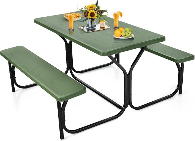 DORTALA Plastic Picnic Table for Outdoors, All Weather Faux Wood Patio Picnic Table Set with Benches for Outdoor, Cafeteria and Commercial, Green