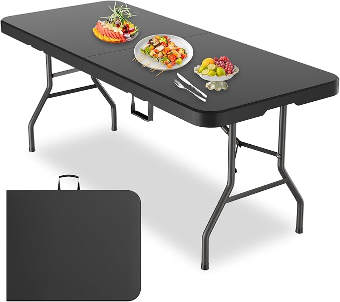 MEI&CO 6ft Heavy-Duty Outdoor Folding Table for 6 - Sturdy HDPE Top, 350lbs Capacity, Foldable Lockable Design, No Assembly - Camping Parties Picnics (Black)