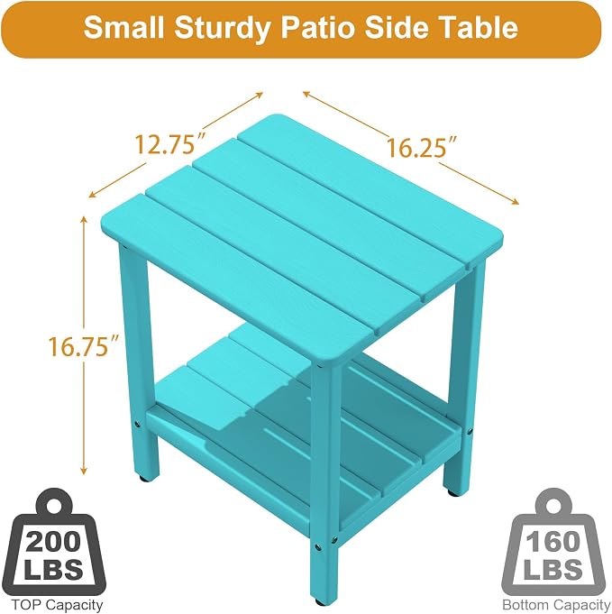 Outdoor Side Table, Small Square Patio Side Table with Adjustable Feet, All-Weather HDPE Adirondack End Tables for Porch Deck Balcony Pool, 2-Tier Storage, Easy Maintenance, Aruba Blue