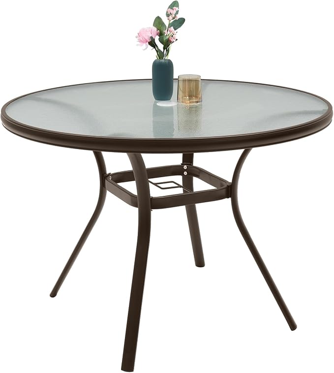 40 in Round Glass Outdoor Patio Dining Table for 4 Person with Brown Frame | Glass Table Top, Brown Metal Frame, 4 Person Table, 1.7 inch Umbrella Hole