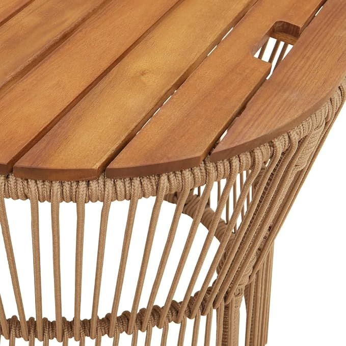 Patio Side Tables 2 Pcs with Wooden Top Beige Poly Rattan, Acacia Wood Outdoor End Tables Set, Powder-Coated Steel Frame for Garden Backyard Patio