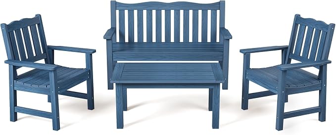 Stoog 4-Piece Patio Furniture Set, All-Weather HIPS Outdoor Dining Set, Includes 1 Bench, 2 Chairs, 1 Coffee Table, Blue
