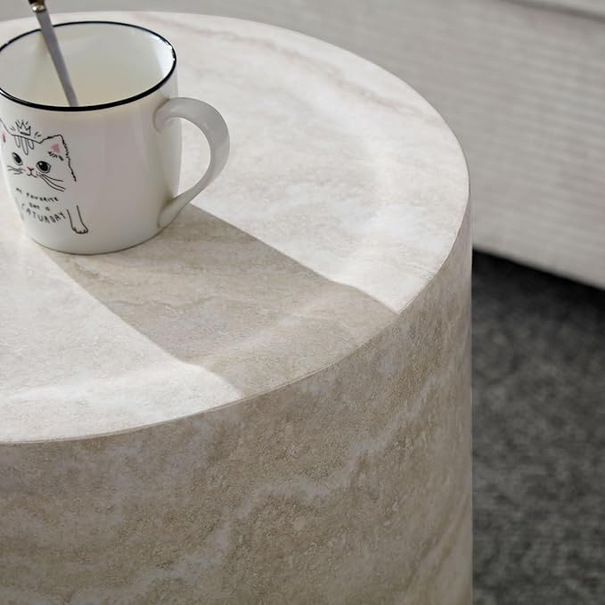 Faux Marble Round Side Table for Living Room Faux Stone Side Table End Tables Modern Travertine Circle End Tables for Apartment, No Need Assembly (Fiberglass-15.74'')