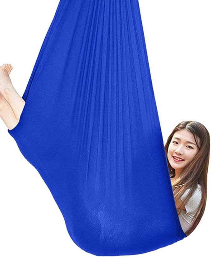 360° Rotating Elastic Aerial Yoga Hammock Outdoor Indoor Swings Aerial Yoga Sensory Therapy Cuddle Swing Soft Elastic Parcel Steady Seat Swing (Color : Lake Blue, Size : 150x280cm)