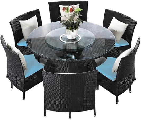 Manhattan Comfort Nightingdale 7 Piece Outdoor Dining Set with Round Glass Lazy Susan | Includes 6 Rattan Chairs, Water-Repellent Cushions and Toss Pillows, Patio Furniture, Black/Sky Blue/White