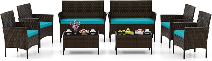 HAPPYGRILL 8 Pieces Outdoor Rattan Conversation Set, Patio Wicker Furniture Set with Loveseat Chairs & Tempered Glass Coffee Table, Outside Sectional Sofa Set for Backyard, Garden, Poolside