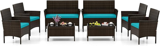 HAPPYGRILL 8 Pieces Outdoor Rattan Conversation Set, Patio Wicker Furniture Set with Loveseat Chairs & Tempered Glass Coffee Table, Outside Sectional Sofa Set for Backyard, Garden, Poolside
