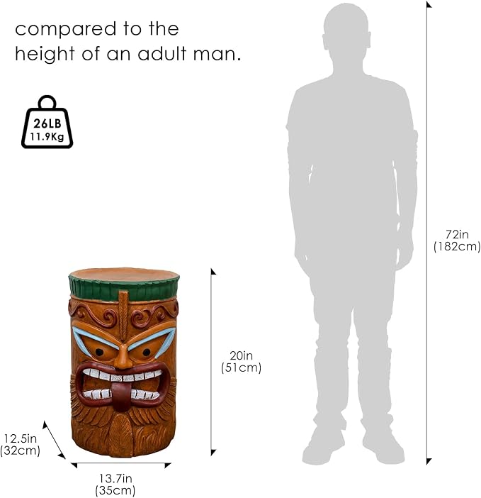 Tiki Outdoor Side Table, Fiber Reinforced Concrete Patio End Table, 20 Inch Decorative Garden Statue Stool with Wood Grain and Tribal Mask Design for Patio, Poolside, Garden, Porch