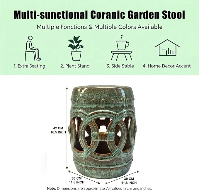 Decorative Ceramic Garden Stool, Hand-Crafted Outdoor Side Table, Shoe Changing Drum Stool for Patio, Living Room Accent Furniture(Light Green)