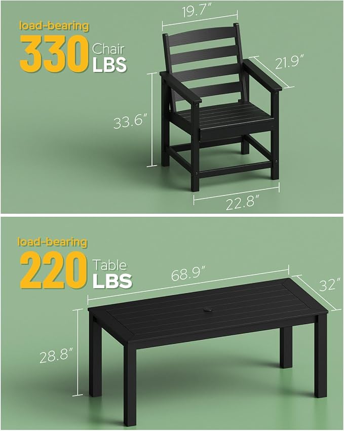 Outdoor HDPE Dining Table Set 7-Piece, All-Weather Outdoor Table and Chairs with Umbrella Hole Cut-Out, Patio Furniture for Garden, Backyard, Deck (Black)