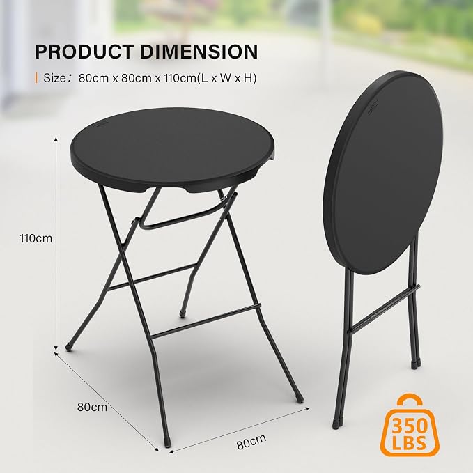 Bonnlo 32" Cocktail Table High Top Table, Folding Round Table Bar Height, HDPE Matrial with Gray Metal Finish for Outdoor Party, Backyard, Dining Room, Wedding Event,Black- 10PCS