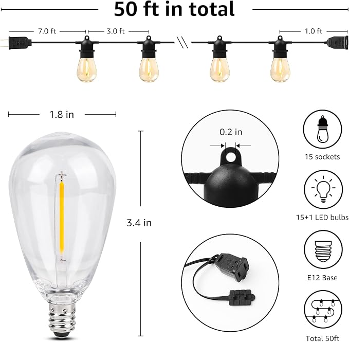 Lepro S14 Outdoor String Lights, 50ft Patio Lights with 15 LED Edison Bulbs | Comercial Pure Copper Core, Shatterproof Waterproof Bistro Light, Hanging Outside Lighting for Backyard, Pergola, Deck, Porch