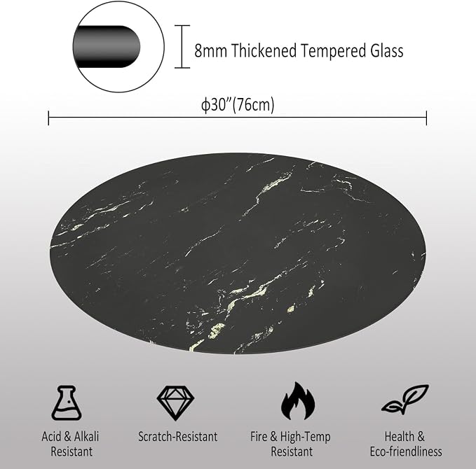 30 Inch Round Black Marble Glass Table Top, 8mm Thick Tempered Glass Tabletop for Dining Tables, Coffee Tables, Patio Tables