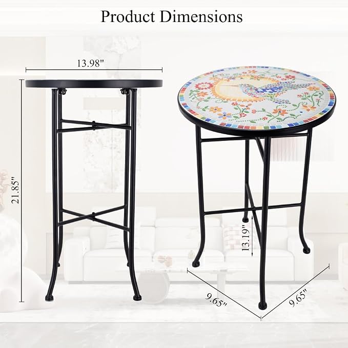 Mosaic Outdoor Side Table Small Round Patio Table Plant Stand | 21" Accent End Table with 14" Ceramic Tile Top for Small Spaces Porch Pool Garden Decor Indoor Living Room Bedroom Balcony