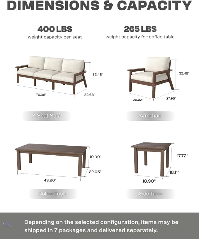 HDPE Patio Furniture Set 5 Seats with Cantilever Umbrella, Outdoor Couch with Washable Thick Beige Cushions & Tables, Outdoor Sectional Furniture for Deck, Lawn, Porch (Brown Frame)