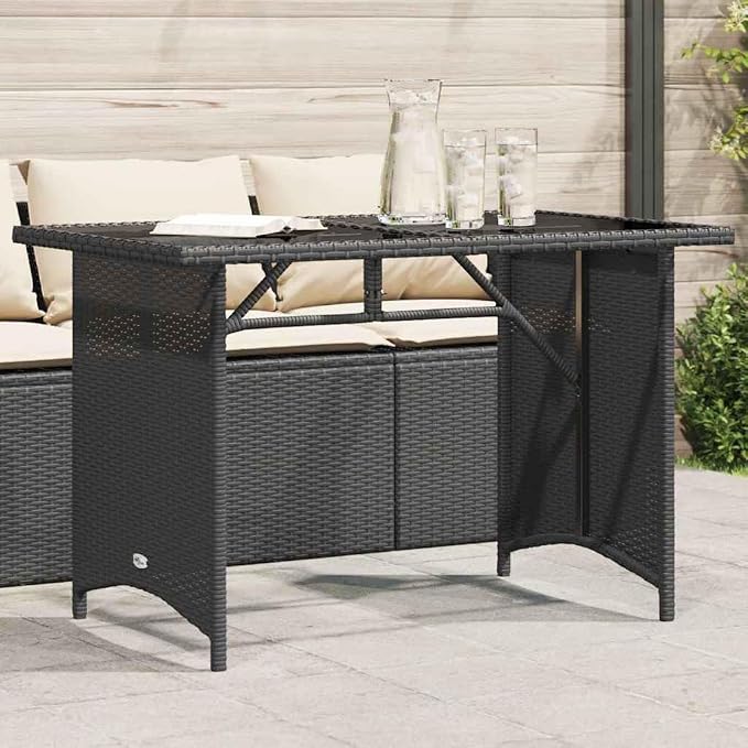 Modern Outdoor Dining Table with Tempered Glass Top and Black Poly Rattan Frame on Powder Coated Steel Base for Patio Garden
