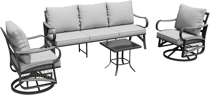 4 Piece Patio Furniture Set, All Weather Metal Outdoor Conversation Set with Swivel Chairs, Thick Cushions and Coffee Table for Garden, Porch, Lawn, Grey