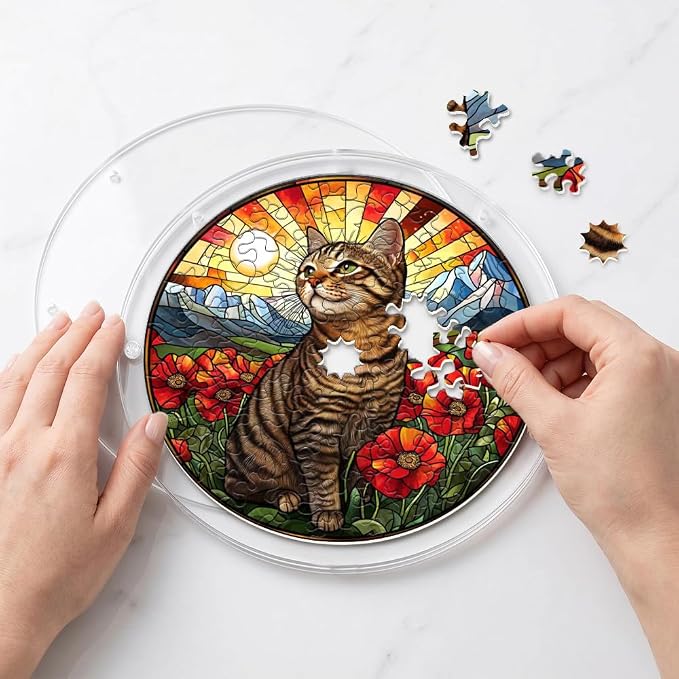 Acrylic Puzzle Suncatcher, Cat & Flower Stained Glass Window Hanging, Sun Catcher Puzzle Kit Home Garden Decor, Creative Mothers Day and Birthdays Gifts for Mom, Wife, Sisters, 7.87 inch