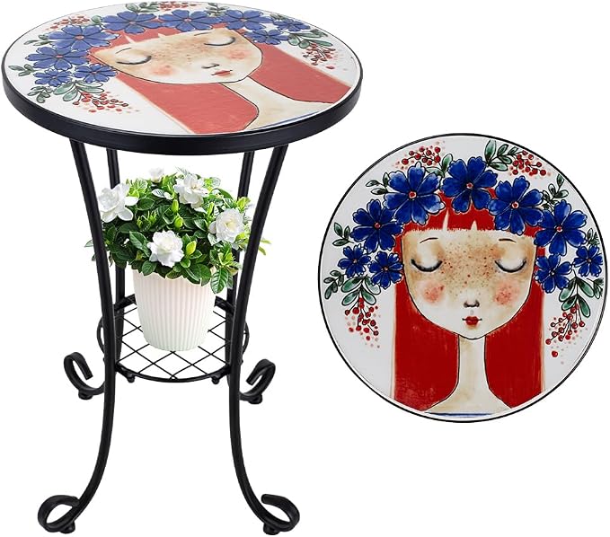 14 Inch Mosaic Patio Side Table with Scroll Legs, Indoor Outdoor Accent Round End Table with Ceramic Tile Tops for Yard, Garden, Living Room, Bistro, B - Red Hair Girl