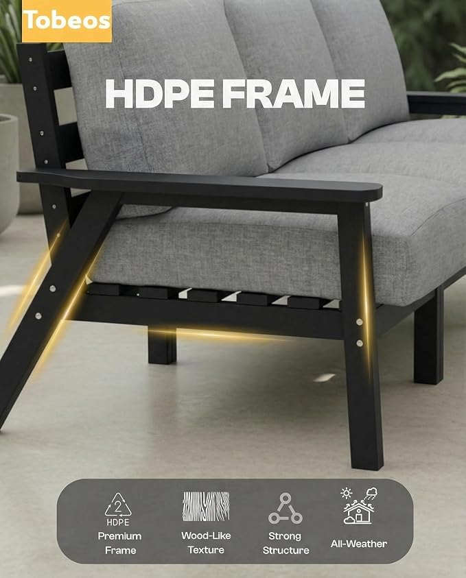 HDPE Patio Furniture Set 8 Seats, Outdoor Couch with Washable Thick Gray Cushions & Side Table, Outdoor Sectional Furniture for Backyard, Deck, Lawn, Porch (Black Frame)
