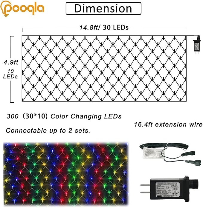 Pooqla Colorful Net Lights, 15x 5ft Christmas Lights Outdoor Green Wire | 300 LED Large Net Mesh Lights Plug in, 8 Modes Waterproof Connectable Multicolor Bushes Lights for Christmas Hedge Yard Decor