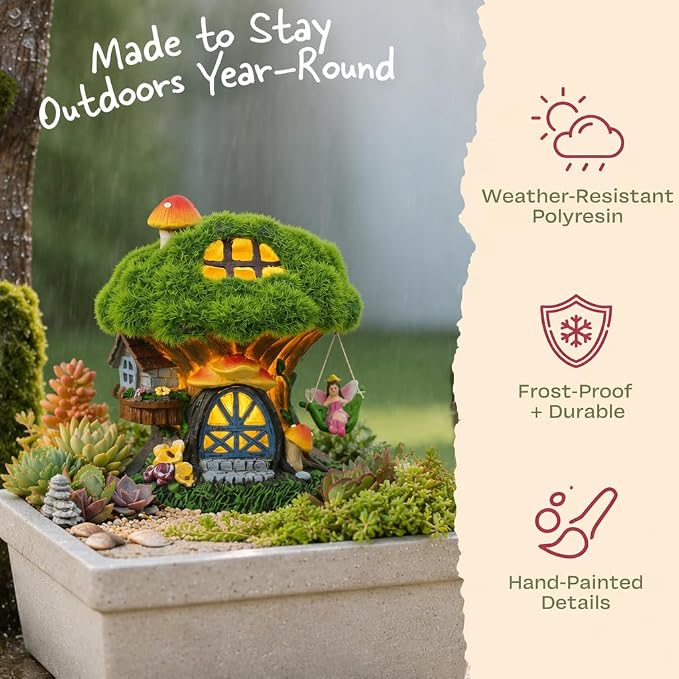 TERESA'S COLLECTIONS Fairy House Outdoor Statues with Solar Light for Garden Decor, Green Moss Resin Outdoor Cottage with Swinging Fairy, Lawn Ornaments Yard Decor Gifts for Mom Women, 5.1"