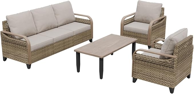 COOS BAY Modern Wicker Outdoor Furniture Set, 4 Piece Patio Conversation Set with 2 Patio Chairs, a 3 Seat Couch and Side Table, 4 Piece, Brown/Gray