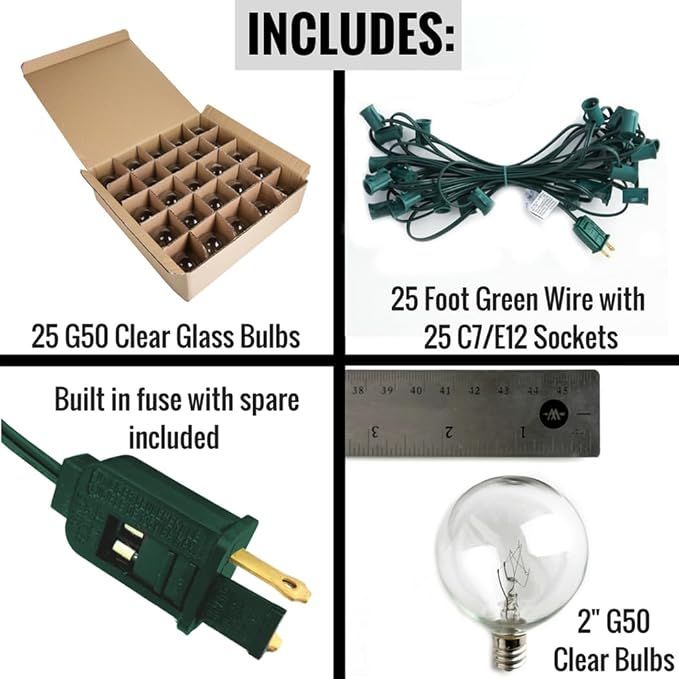 G50 Clear 2 Inch Light Bulbs with C7 Stringer 18 Gauge (Green Wire, 25')