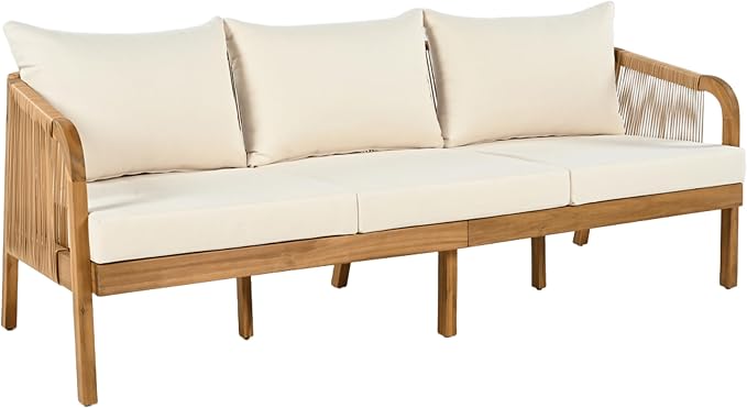 Christopher Knight Home Havets 3 Pieces Acacia Wood Patio Furniture Set, Faux Rattan Sofa and Coffee Table, Outdoor Conversation Sets with 6" Thick Cushions for Backyard Garden Balcony, Teak+Beige