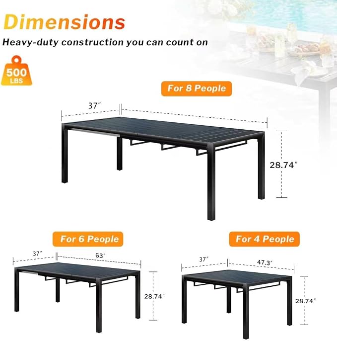 MEOOEM Expandable Patio Dining Table for 8, 78.8" Large Long Adjustable Rectangular Outdoor Table for 4-8 Person, 500LBS Sturdy Black Metal Extendable Patio Table for Outside,Garden, Lawn, Backyard